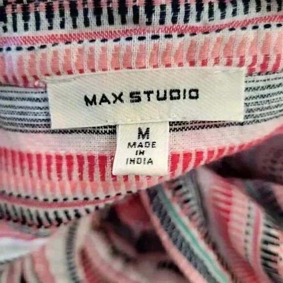 Max Studio Women's White/Pink/Navy/Aqua Striped Cotton Sleeveless Button Down To - Picture 5 of 11